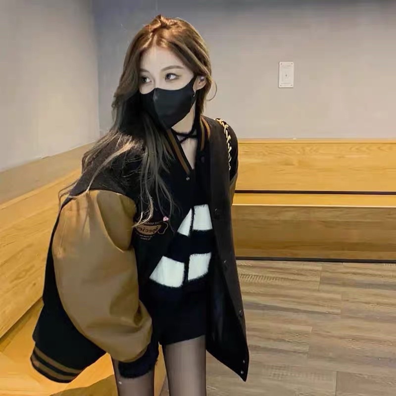 Áo khoác bomber phối da nâu form thụng nam nữ