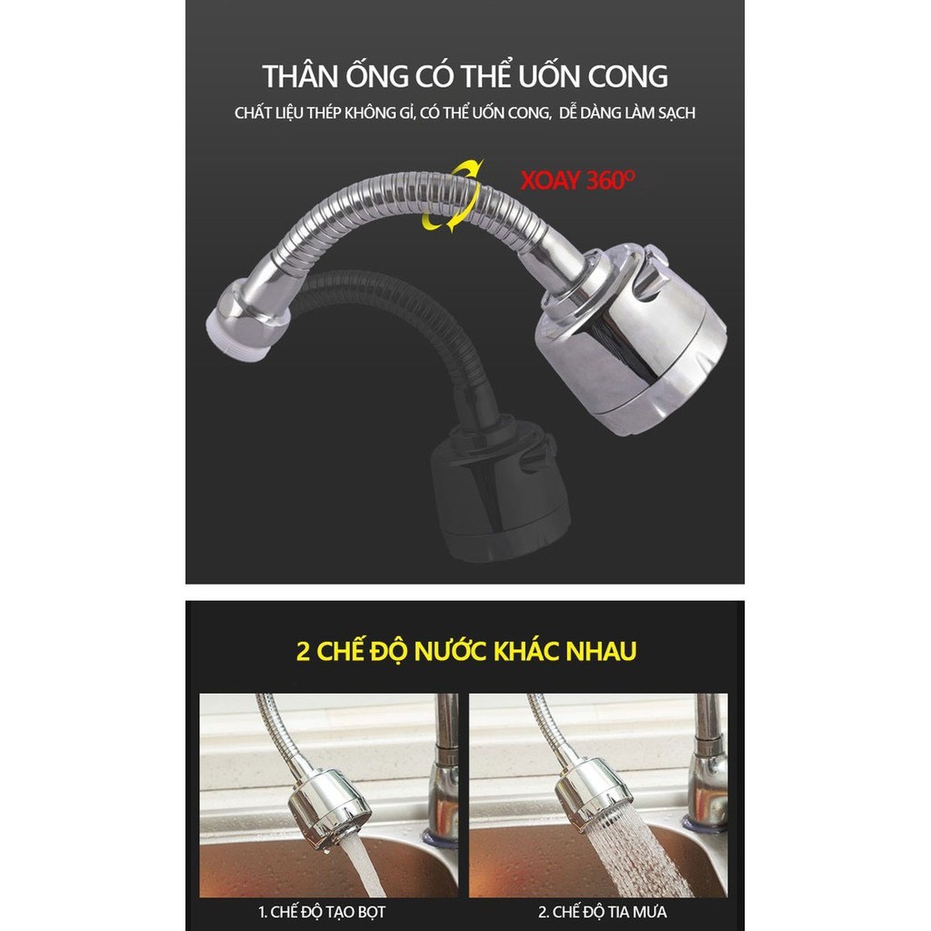 Đầu Vòi Nước Tăng Áp Bồn Rửa Có Nút Điều Chỉnh Xoay 360 - Inox không gỉ