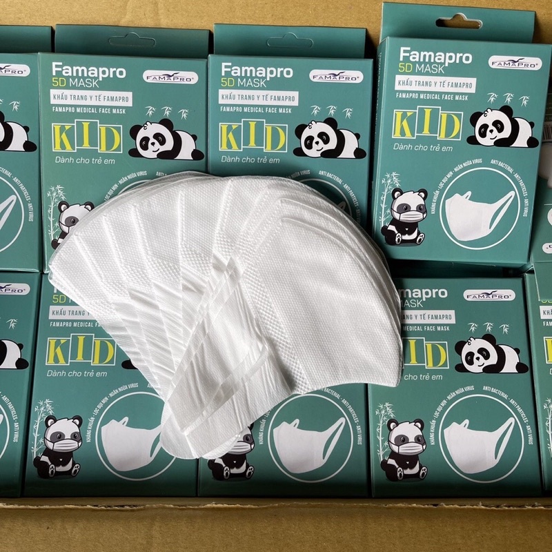 Thùng 100 hộp khẩu trang 5d cho bé/khẩu trang 5d quai vải Famapro (10 cái/hộp)