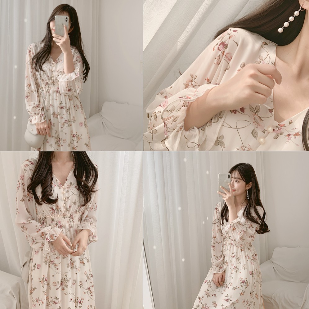 Đầm - Váy hoa nhí tay dài bo chun cổ tim bánh bèo babydoll, Đầm - Váy hoa nhí dài dáng xòe cổ V chun eo đi biển, dự tiệc