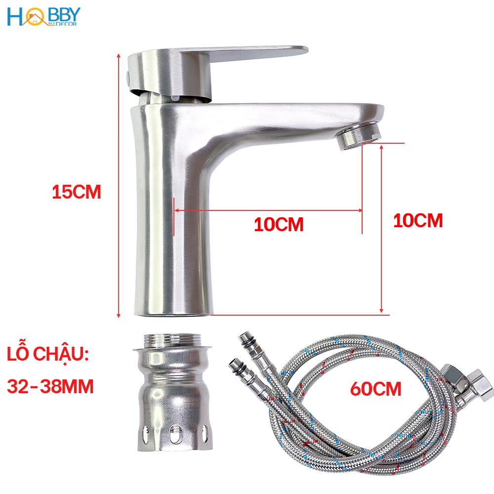 Vòi chậu rửa mặt lavabo nóng lạnh gắn chậu Hobby Home Decor VRM2 inox 304 không rỉ kèm dây cấp nóng lạnh