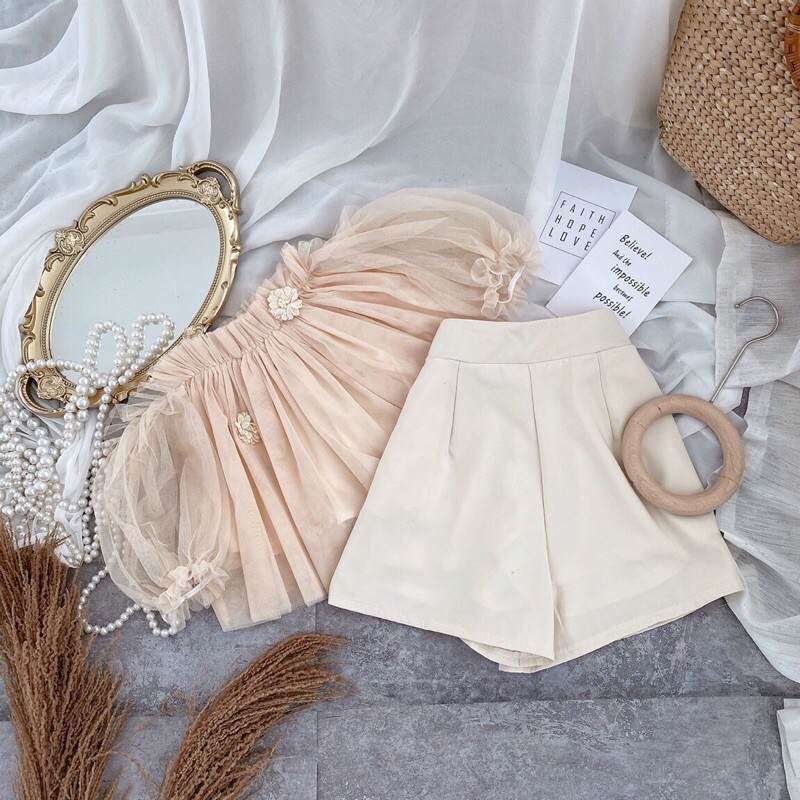 SET ÁO VOAN LƯỚI NUDE TAY PHỒNG SHORT