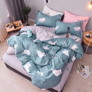 Bộ Chăn Ga Gối Cotton Poly Mèo Xanh Mint