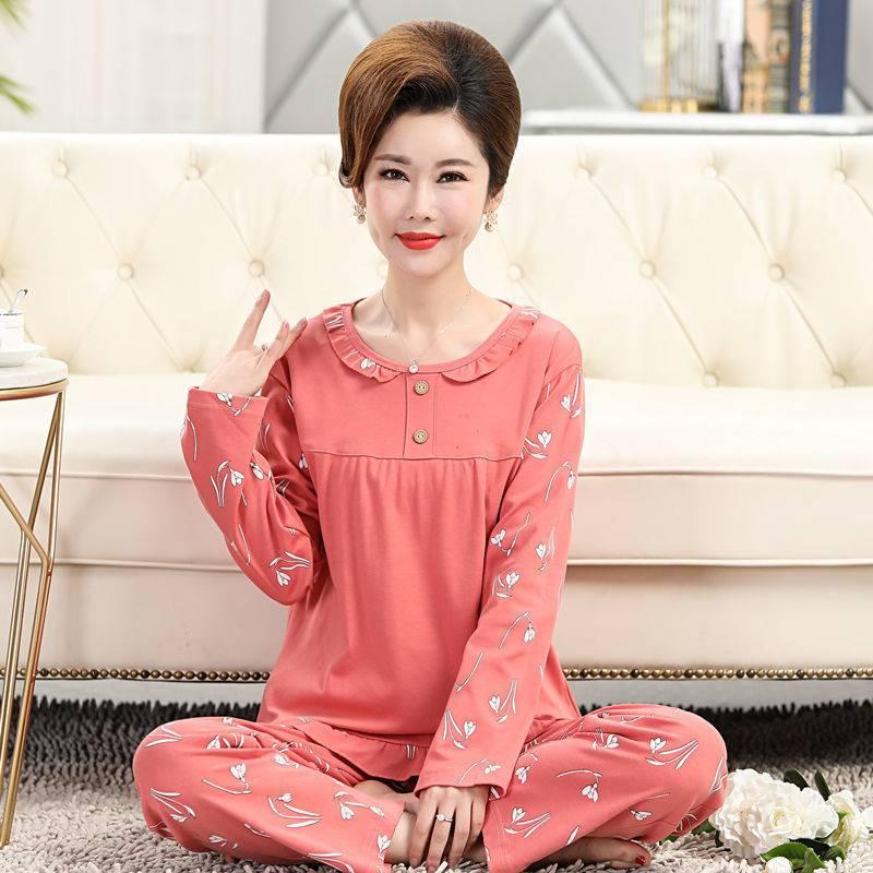 Bộ đồ ngủ tay dài size lớn vải cotton thoải mái thời trang cho phụ nữ tuổi trung niên (có bán lẻ)