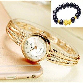 Đồng hồ nữ thời trang mặt tròn số đính đá dây phối móc xích mạ vàng sang trọng tặng vòng tỳ hưu may mắn JWV05