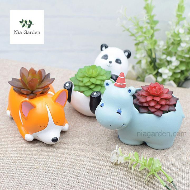 Chậu trồng cây hình thú hà mã xanh trồng sen đá mini xương rồng để bàn Nia Garden N4