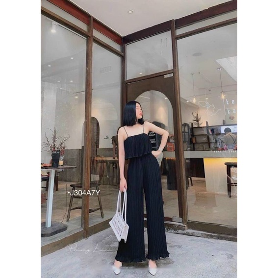 Đồ Bay Nữ Đi Biển ,Jumpsuit Dập Ly 2 Dây Tầng Ống Suông Tôn Dáng Vải Dập Ly Xinh