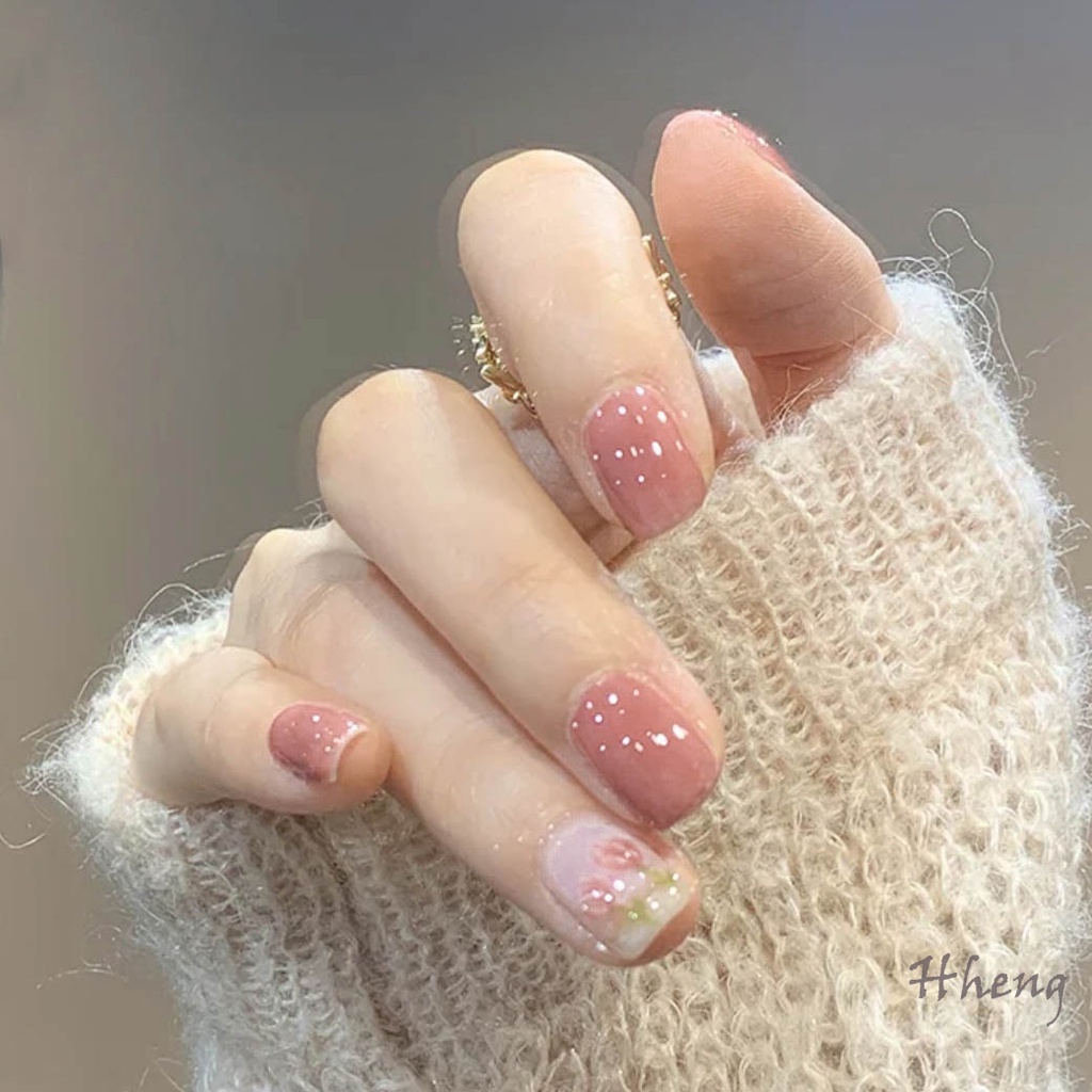 Set 24 Móng Tay Giả Ngắn Màu Nude Dạng Keo Dán Màu Nude Hình Hoa Tulip Thời Trang Có Thể Tháo Rời