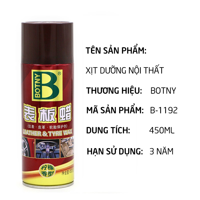 Dung dịch bảo dưỡng nội thất BOTNY Leather &amp; Tyre wax 450ml, chai xịt làm sạch và dưỡng bóng da ghế,táp lô,lốp xe_B-1192