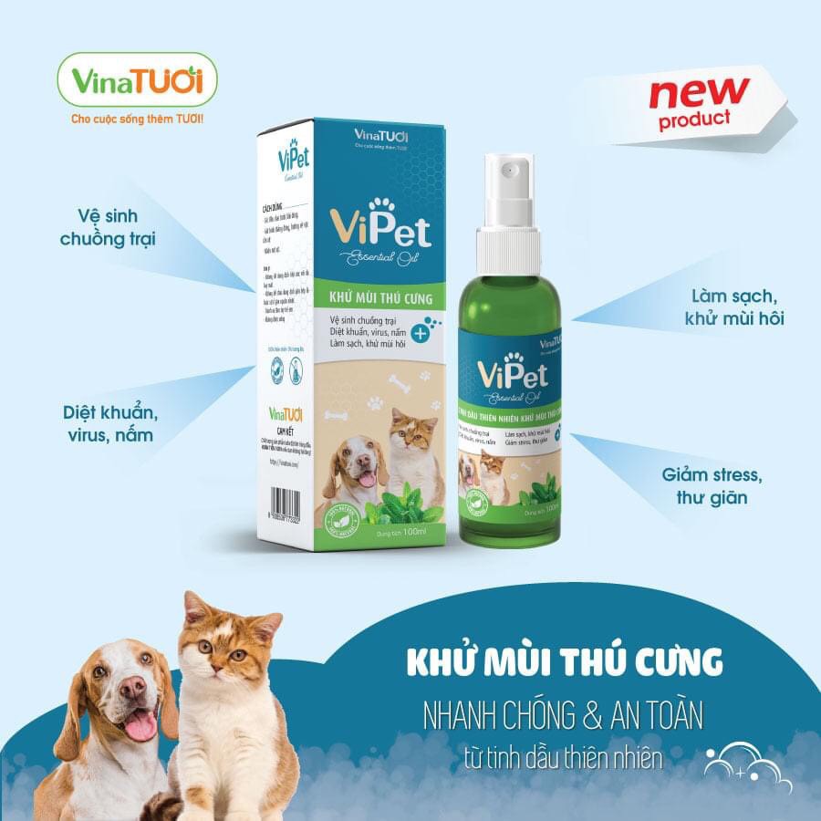 Tinh dầu khử mùi vật nuôi thú cưng nhà bạn đã có Vipet 100ml - Xịt khử mùi hôi vệ sinh và chăm sóc cún yêu mèo cưng.