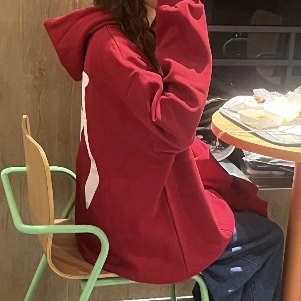 Jiashucheng Vitality Red [Cotton] INS Siêu Hot Áo Hoodie Tay Dài Dáng Rộng Mỏng Phong Cách BM Mùa Xuân Thu Cho Nữ
