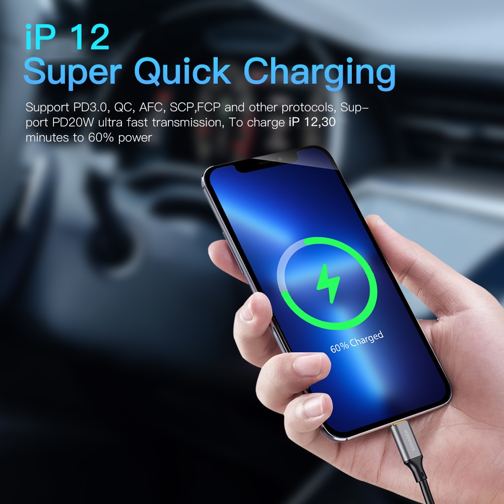 Tẩu sạc xe hơi ESSAGER PD QC3.0 dài 1.5m với dây cáp kép bằng hợp kim nhôm cho tất cả các dòng điện