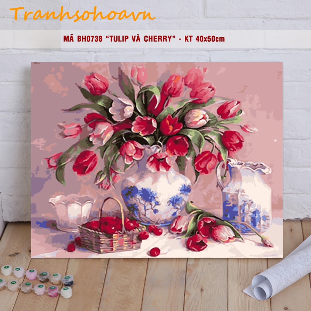 Tranh sơn dầu số hoá DIY tự vẽ bình hoa tĩnh vật - Mã BH0738 Hoa Tulip và cherry