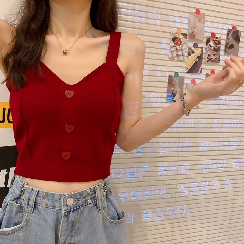 Áo Hai Dây Dệt Kim Màu Trơn Cài Nút Trước Hình Trái Tim Gợi Cảm Thời Trang Phong Cách Hàn Quốc Cho Nữ