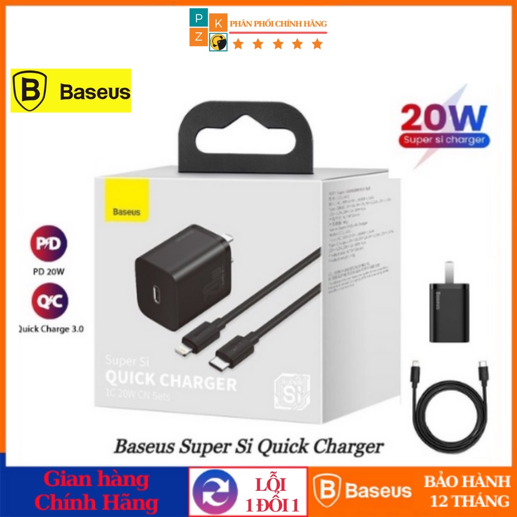 Bộ Sạc Baseus 20W PD Super Si Type C, Củ Sạc Nhanh QC3.0 Kích Thước Nhỏ Gọn