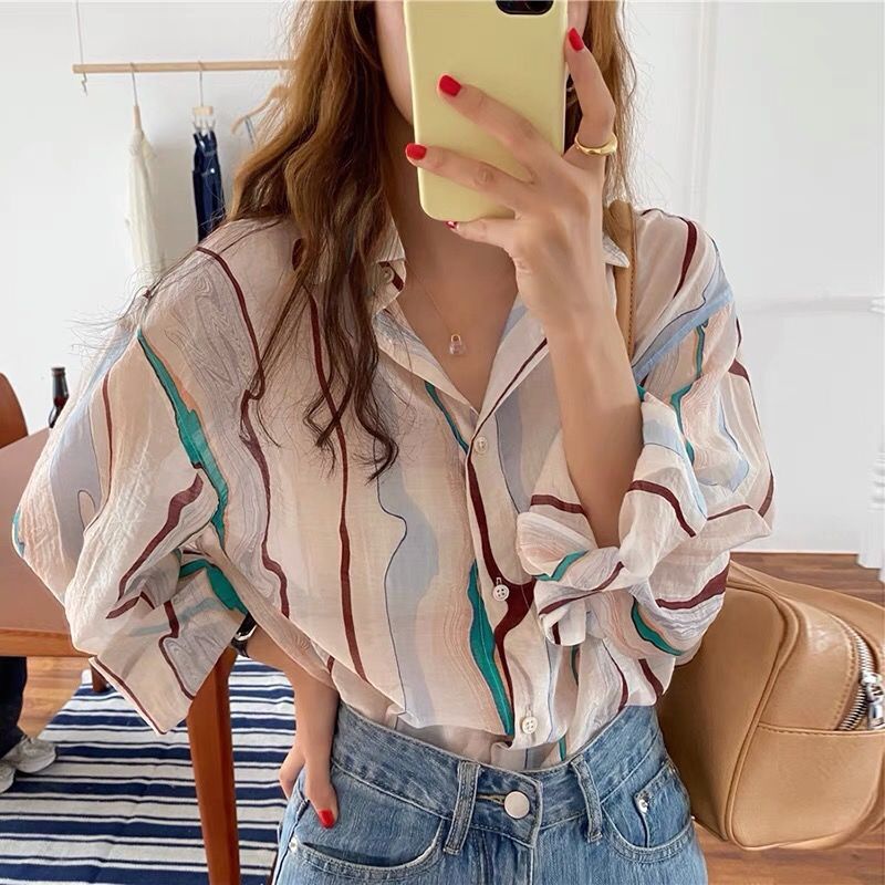 Áo sơ mi nữ Pure Cube tay dài dáng rộng họa tiết kẻ sọc màu sắc tương phản phong cách Hàn Quốc xinh xắn
