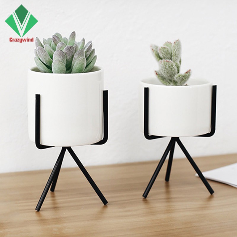 Chậu trồng cây màu trắng bằng sứ kèm chân đế bằng sắt