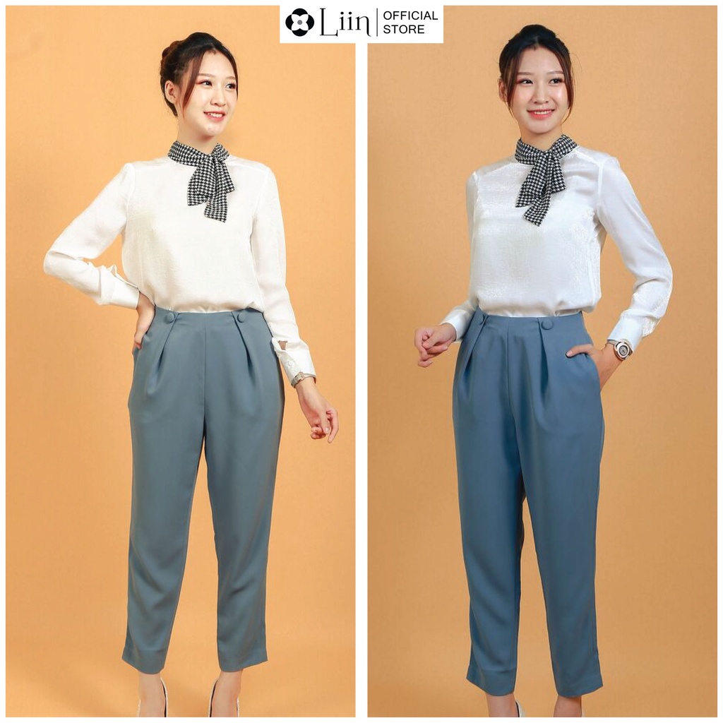 Quần baggy nữ LIIN CLOTHING màu xanh phối cúc bọc, thanh lịch, sang trọng Q3351