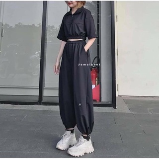 Sét bộ áo croptop cổ khoá mix quần boom gấu cá tính Chất cotton da cá siêu đẹp