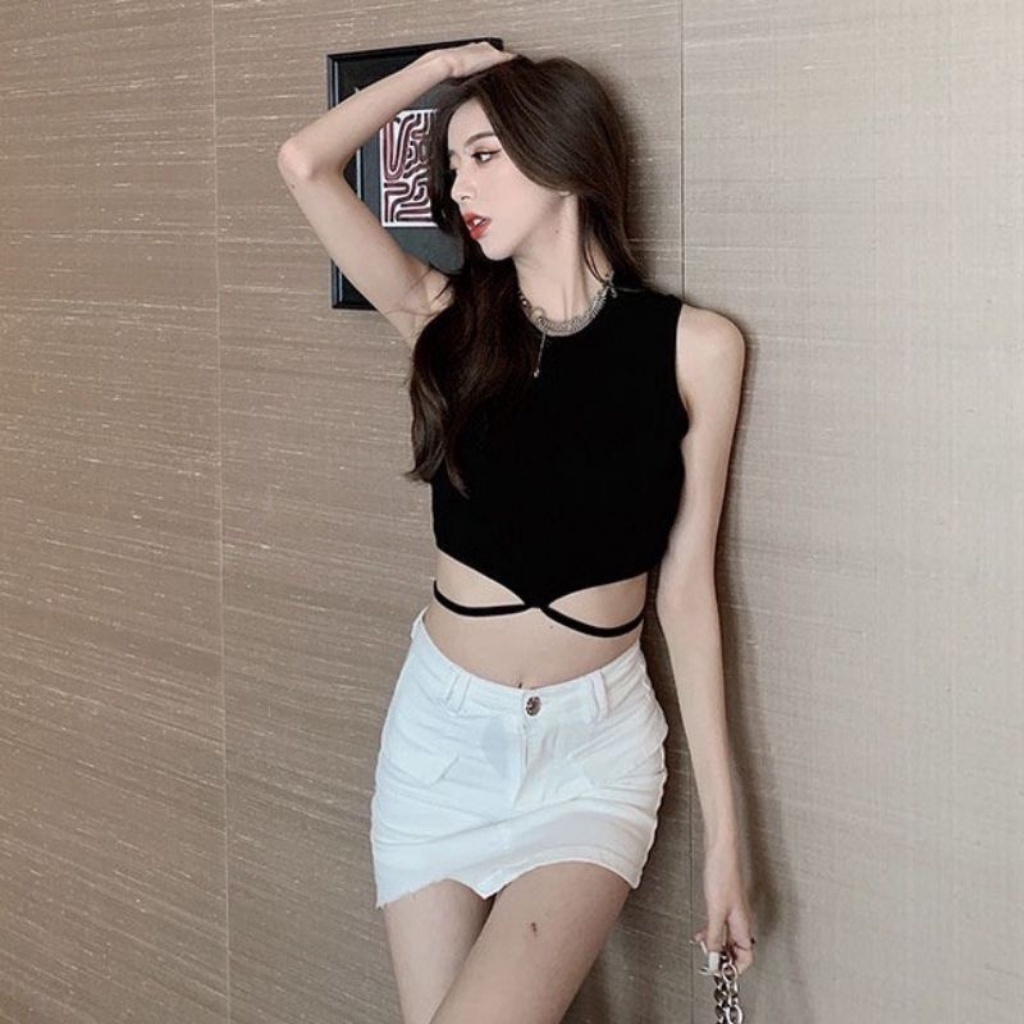Áo ba lỗ nữ dây quấn bụng  , Áo croptop kiểu cột eo sexy
