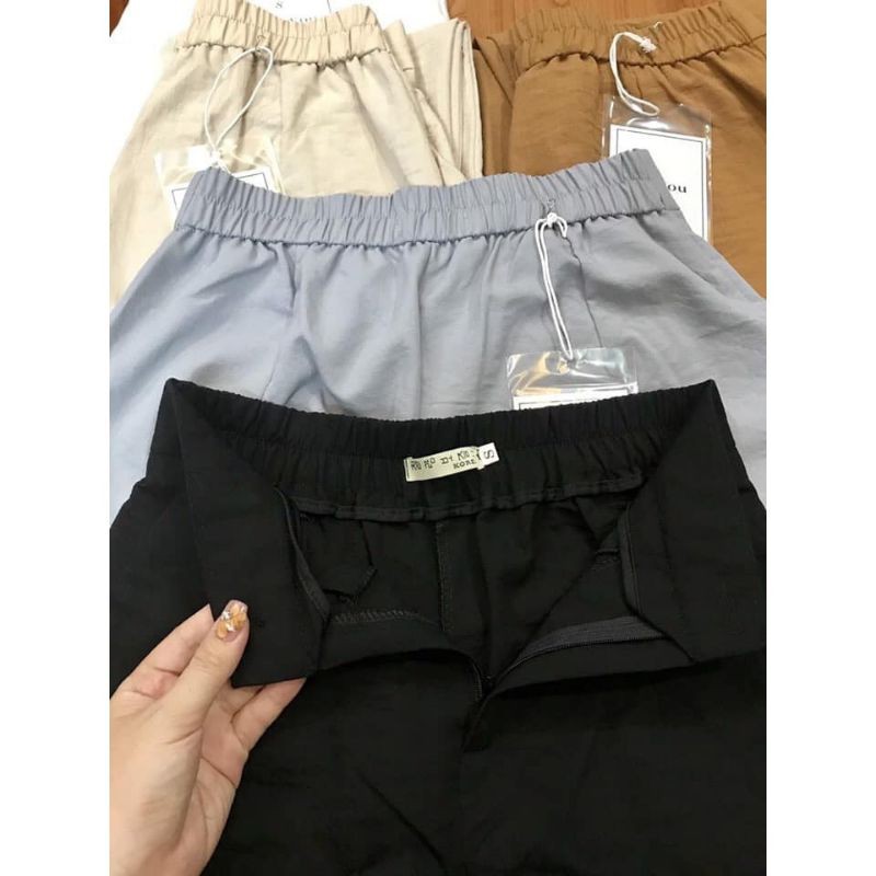 Quần đũi nữ dài dáng baggy công sở cạp chun lưng thun cao khóa thật - Trắng Đen Be - Vải đũi xước trơn - Mặc đi làm chơi