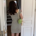 Đầm dệt kim ZHELIHANGFEI ngắn tay cổ vuông họa tiết kẻ sọc thời trang