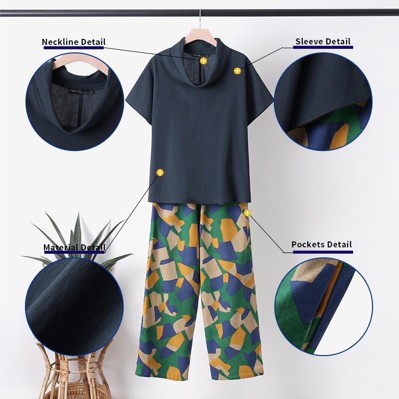 Zanzea Set Áo Cổ Lọ Tay Lỡ Họa Tiết Hình Học Kèm Quần Dài Lưng Thun Cao Thời Trang