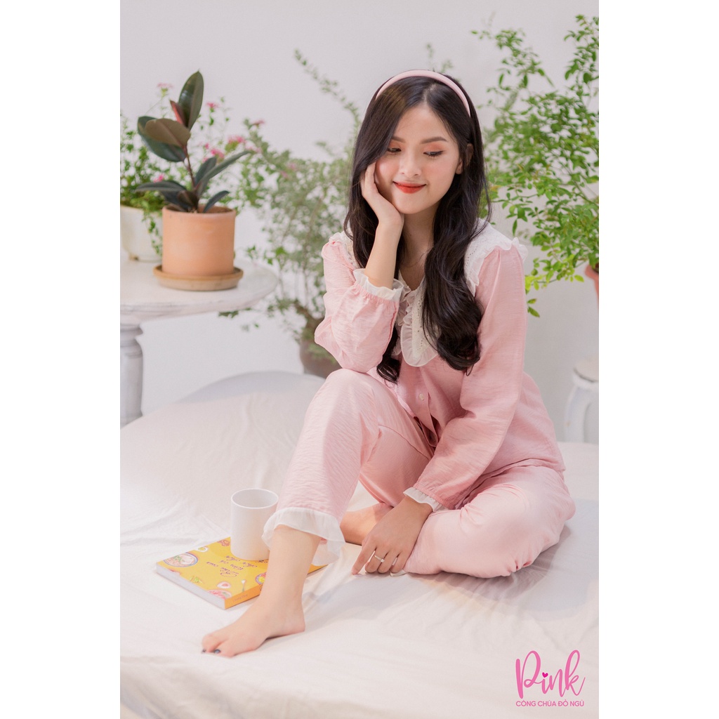 Bộ Ngủ Pijama Hồng Tay Dài Quần Dài Trẻ Trung Vải Đũi Siêu Cấp  Đồ Ngủ Nữ Dễ Thương Nữ Tính Thời Trang