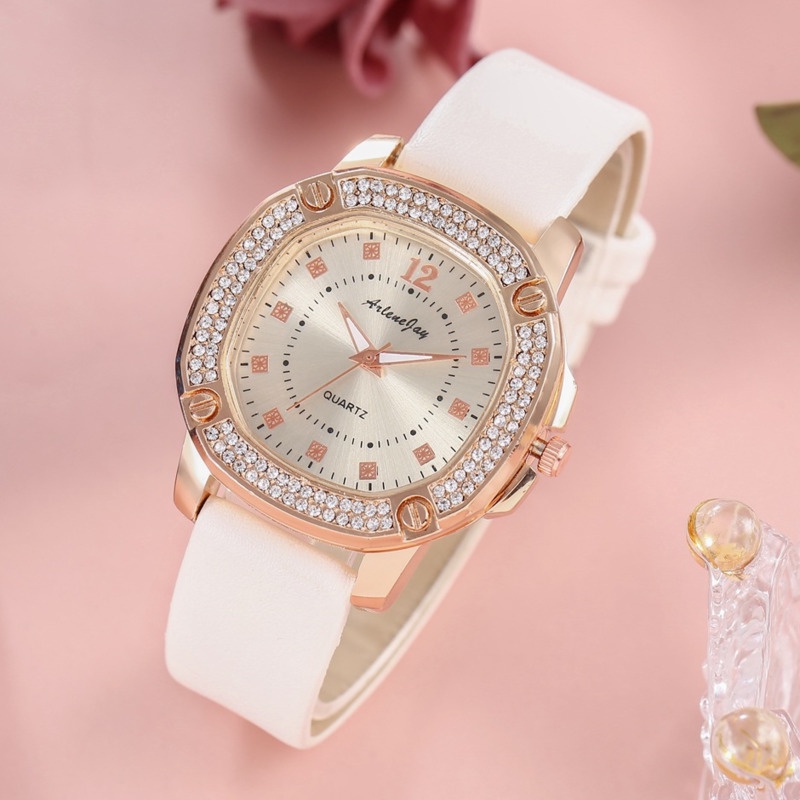 Đồng hồ quartz mặt vuông đính đá với dây đeo hợp thời trang