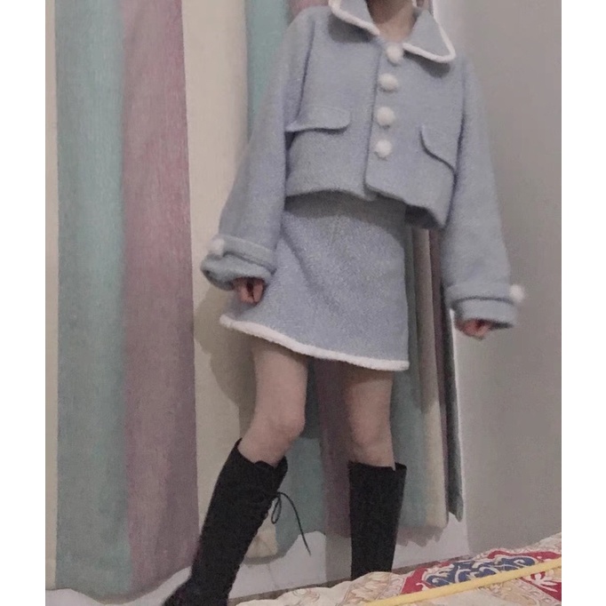 Set áo váy mùa đông xanh mint xinh xắn dễ thương