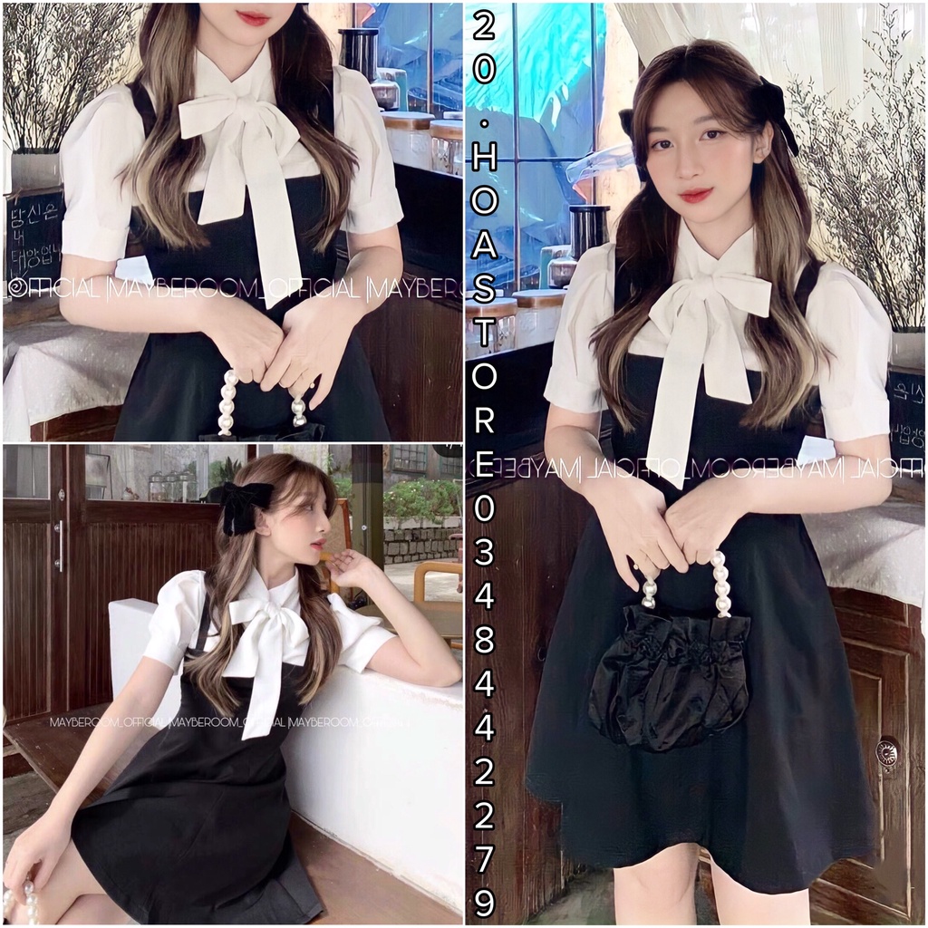 Set Yếm Sơ Mi Thắt Nơ Trắng + Đầm 2 Dây Dáng Xòe Đen - Váy Yếm Đen Phối Áo Sơ Mi Nơ Ulzzang