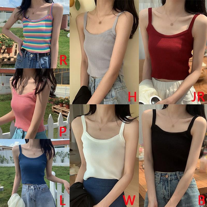 Áo hai dây dệt kim cổ vuông màu trơn kiểu dáng thời trang cho nữ