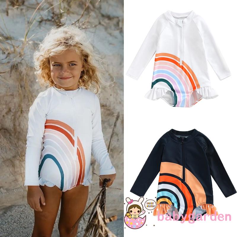 Bộ đồ bơi liền thân cổ tròn tay dài phối bèo in họa tiết cầu vồng dễ thương cho bé gái 2-7 tuổi