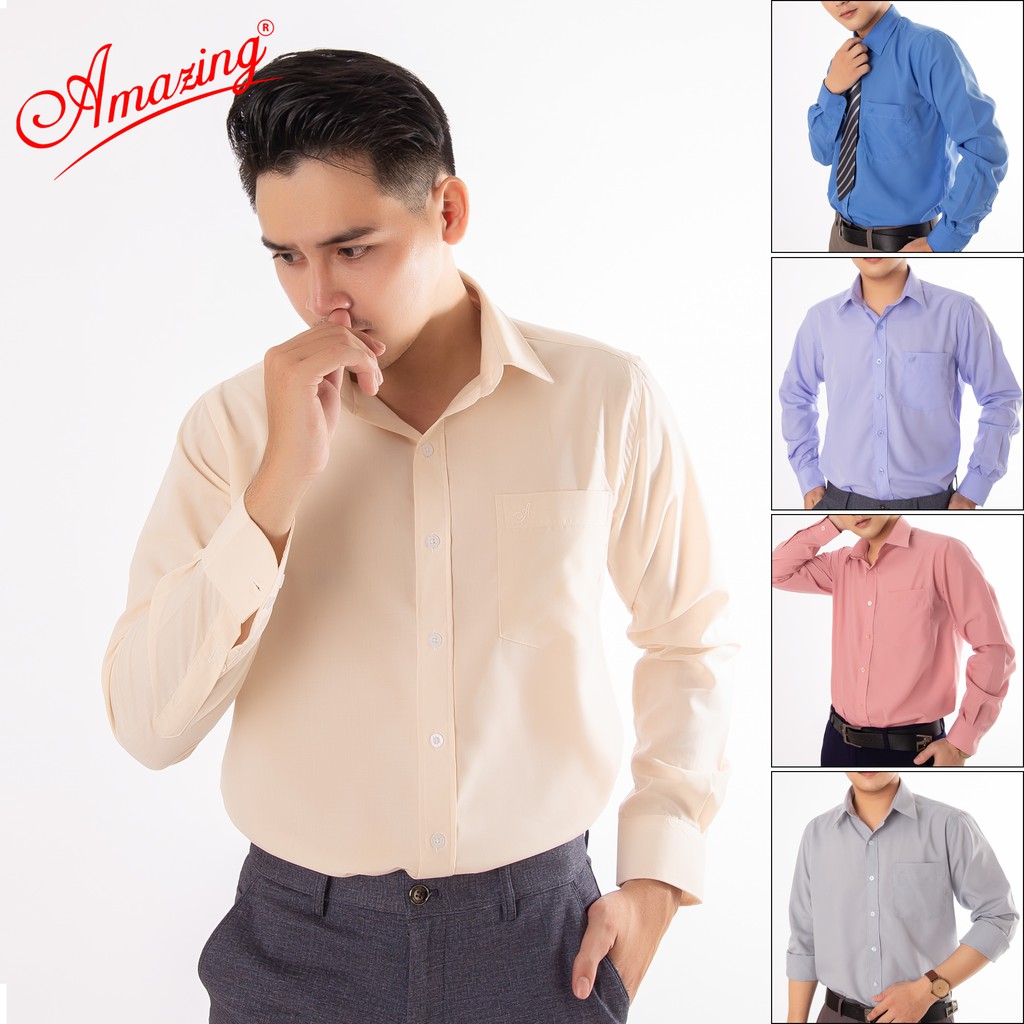 Sơ mi màu trơn, thời trang cao cấp Amazing, áo nam vạt bầu công sở, thân suông, form chuẩn, tay dài, chất vải KT silk