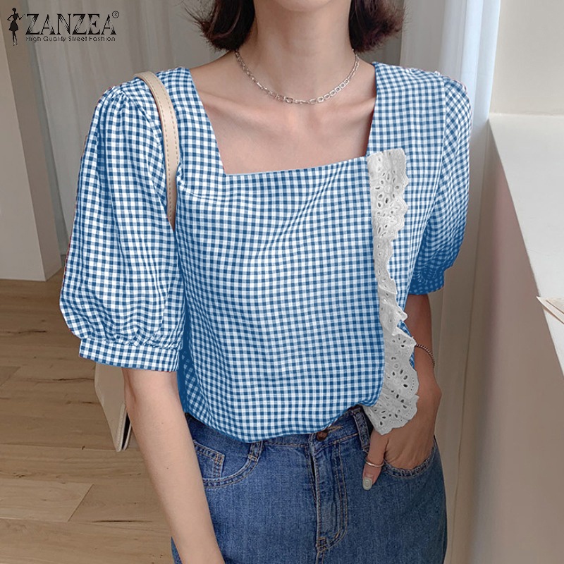 Zanzea Áo Nữ Tay Ngắn Cổ Vuông Phối Ren Thời Trang Hàn Quốc