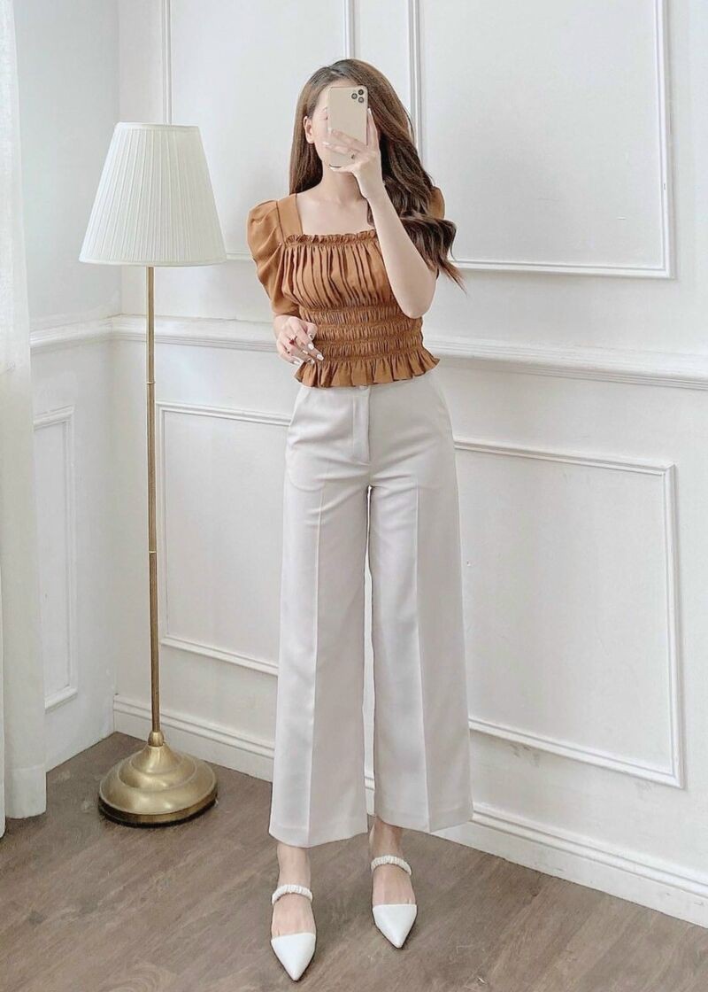 Áo cổ vuông tay bồng chun nhún eo nhiều màu