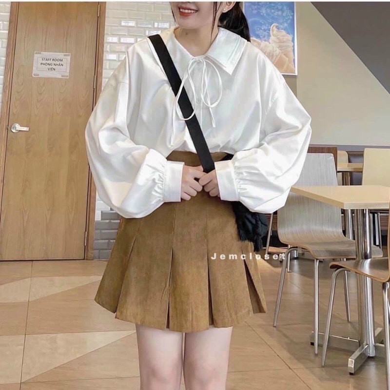 Áo sơ mi trắng cổ PETET buộc nơ tay bồng thanh lịch/ Áo sơ mi nữ form rộng unisex_xuongmaythuhien
