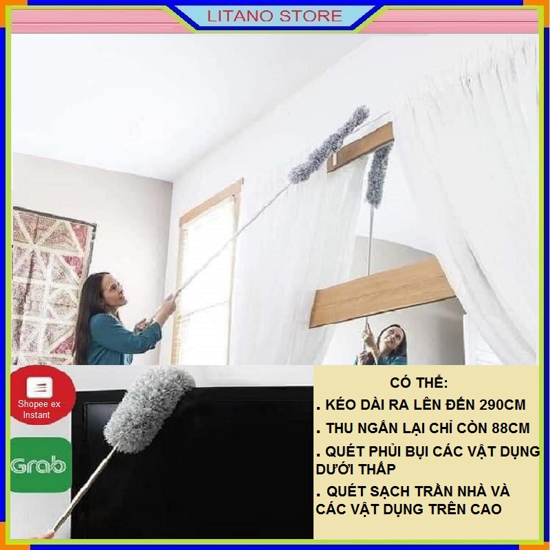 Cây Chổi Lông Quét Bụi Cao Cấp Thân Inox Có Thể Kéo Ngắn Dài Từ 88cm Đến 190cm