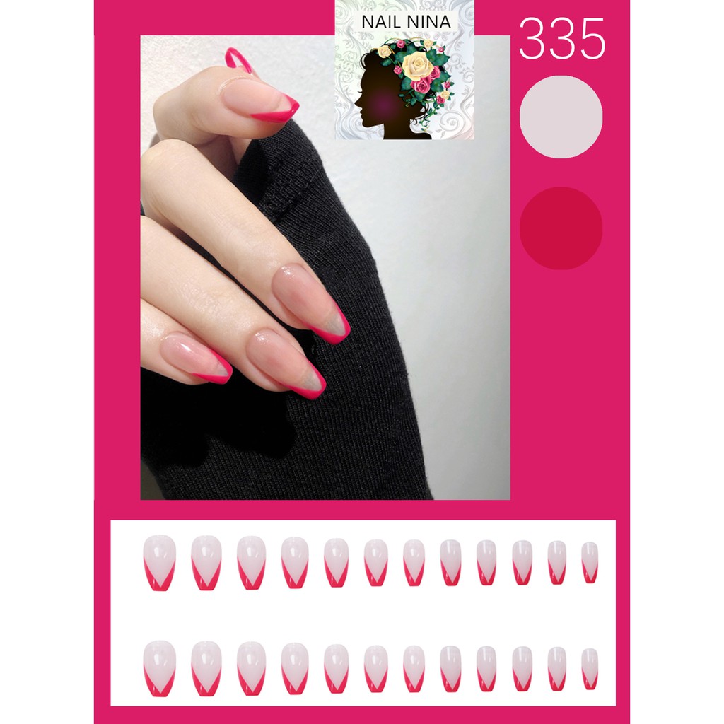 Bộ 24 móng tay giả Nail Nina họa tiết màu hồng chữ V TZ-335【Tặng kèm dụng cụ lắp】