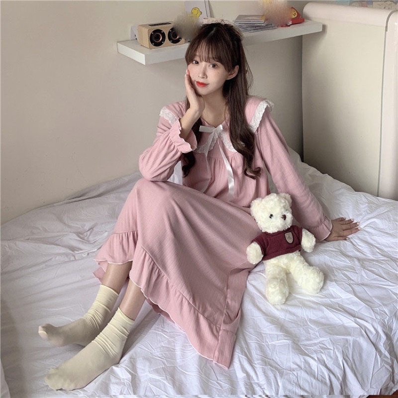Váy ngủ tiểu thư dài tay cực xinh, váy ngủ thu đông bánh bèo đáng yêu