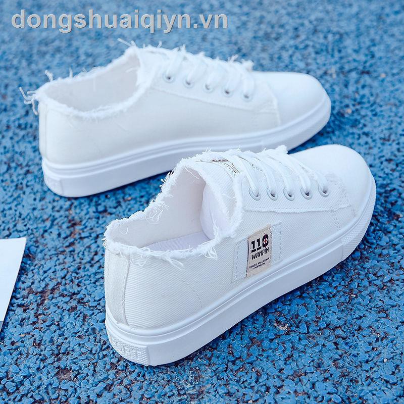 Giày Thể Thao Vải Canvas Đế Bằng Màu Trắng Phong Cách Hàn Quốc Thời Trang Mùa Hè Cho Nữ Sinh