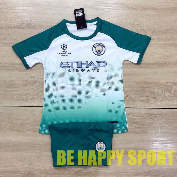 Bộ Đồ Đá Banh Trẻ Em Mancity Trắng Tay Xanh Thấm Mồ Hôi - Đồ Đá Banh PP Bởi Be Happy Sport