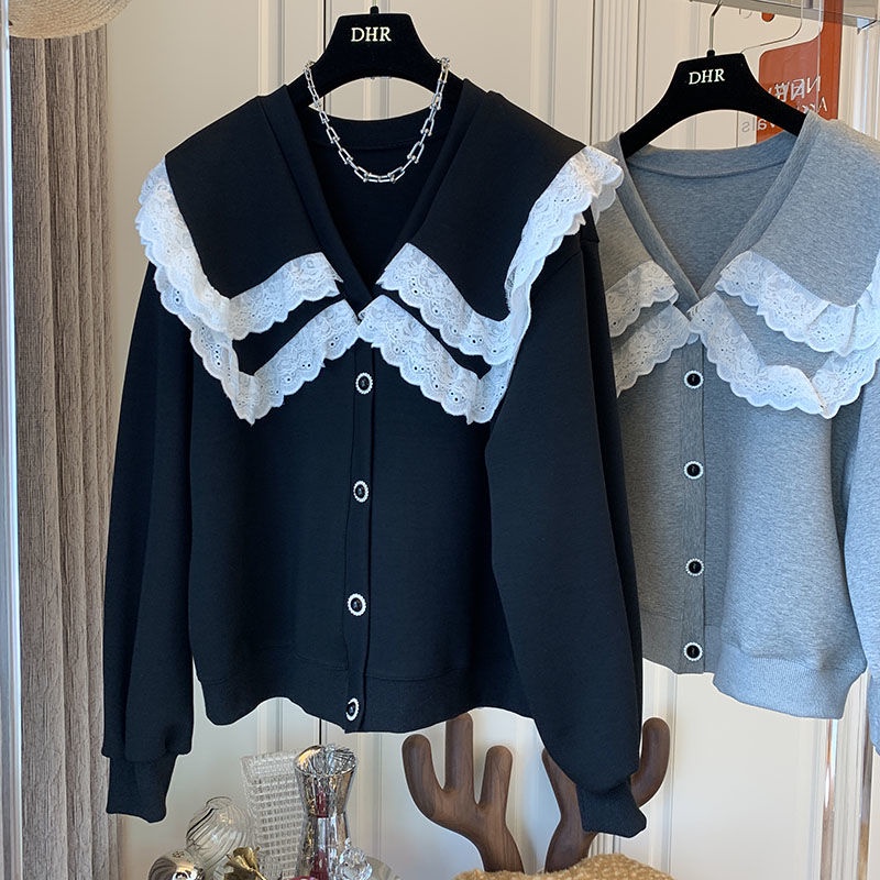 Áo sweater hai lớp cổ búp bê phối bèo dáng rộng phong cách quân đội Hàn Quốc thời trang cho nữ 2021 | BigBuy360 - bigbuy360.vn