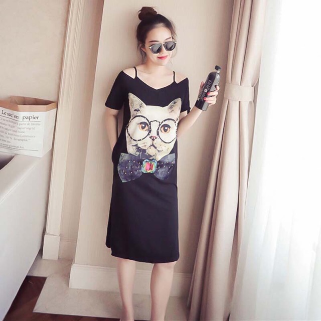 Đầm thun màu đen big size khoét vai hình mèo size lớn