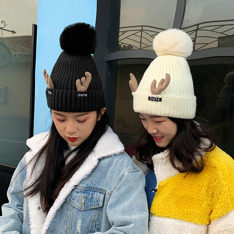 Mũ Beanie Dệt Kim Hình Sừng Hươu Đính Bóng Lông Đáng Yêu Thời Trang Xuân Đông Cho Nam Và Nữ