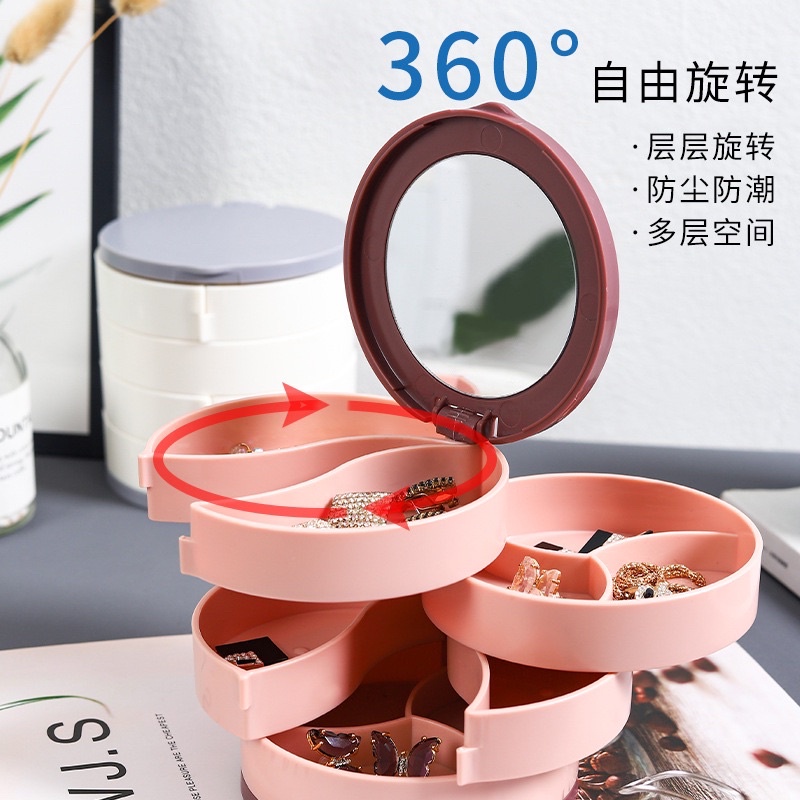 Hộp đựng trang sức khay xoay 360 độ có gương 4 tầng kệ đựng hoa tai dây chuyền nhẫn vòng cổ trang sức sang trọng nhỏ gọn