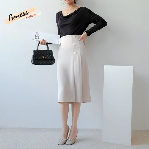 Chân váy dài chữ a Goness có đính cúc xếp ly chất liệu vintex thời trang