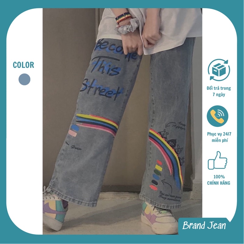Quần Jean Cạp Cao Hoạ Tiết Cầu Vồng , Màu Xanh Ống Rộng Mang Phong Cách Street Style Ulzzang HÀN QUỐC MS01