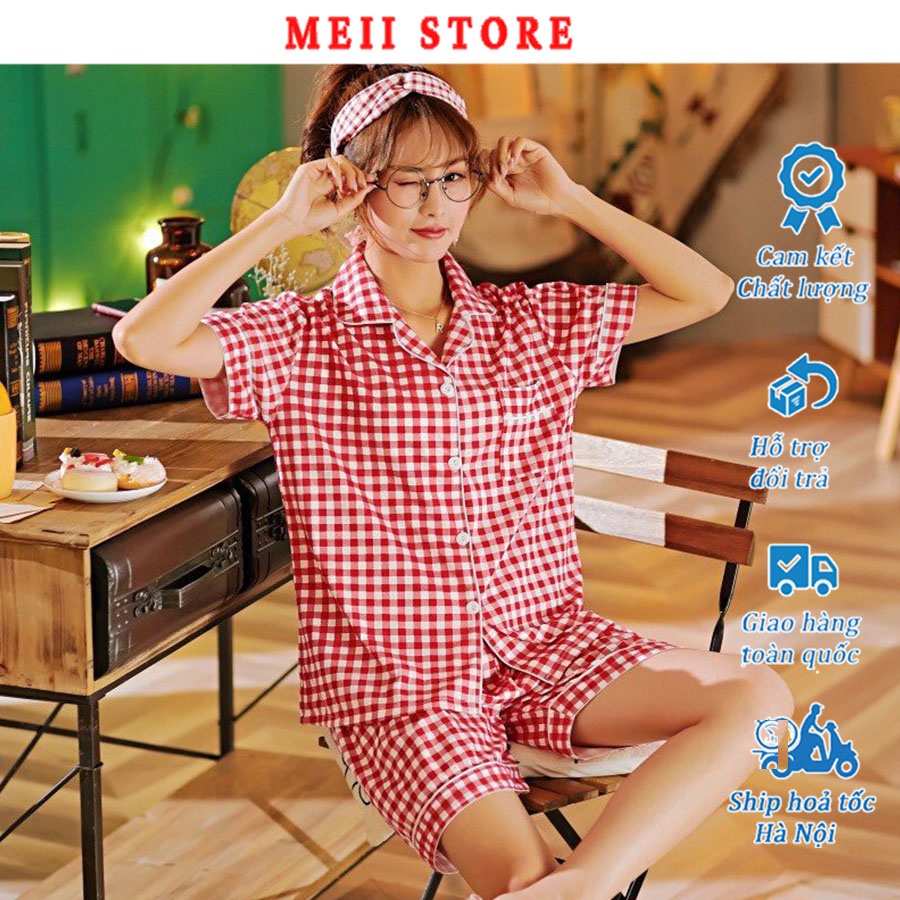 Bộ Ngủ Pijama Cộc Đùi Kẻ Caro Chất Cotton Dệt Loại 1, Bộ mặc ở nhà mùa hè Meii