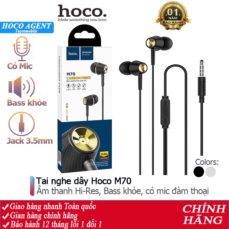 Tai nghe nhét tai Hoco M70 nghe hay có mic đàm thoại, dây dài 1.2m - Chính hãng